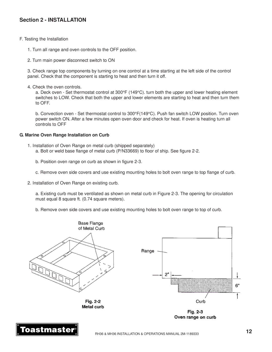 Toastmaster MH36, RH36 manual Marine Oven Range Installation on Curb 