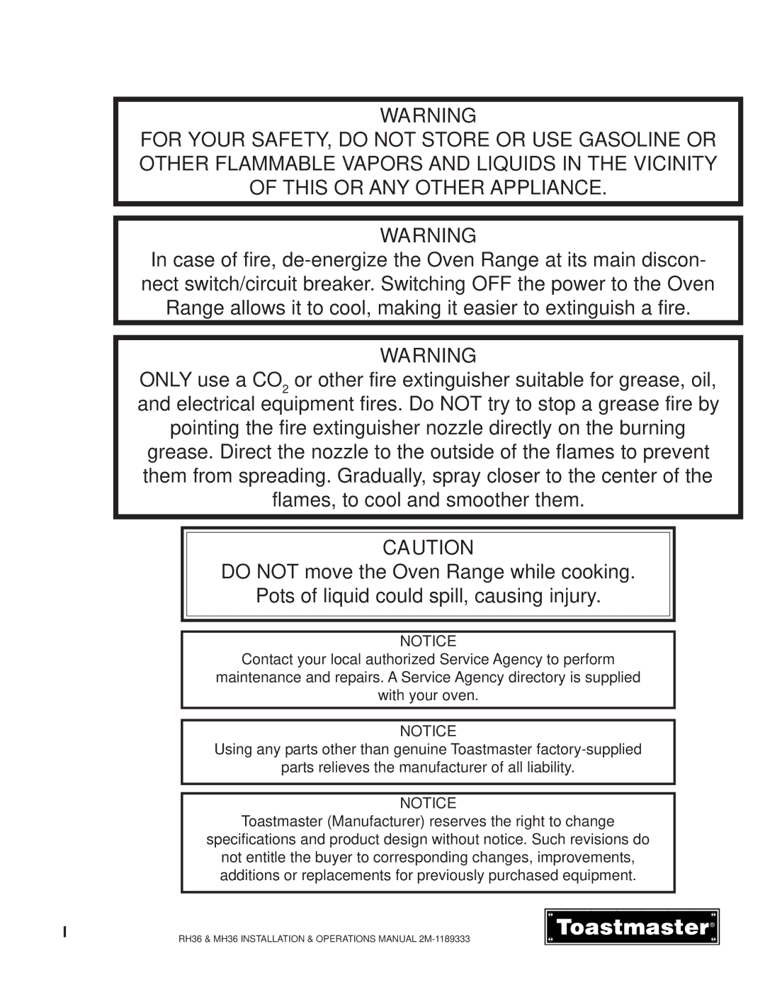 Toastmaster manual RH36 & MH36 Installation & Operations Manual 2M-1189333 