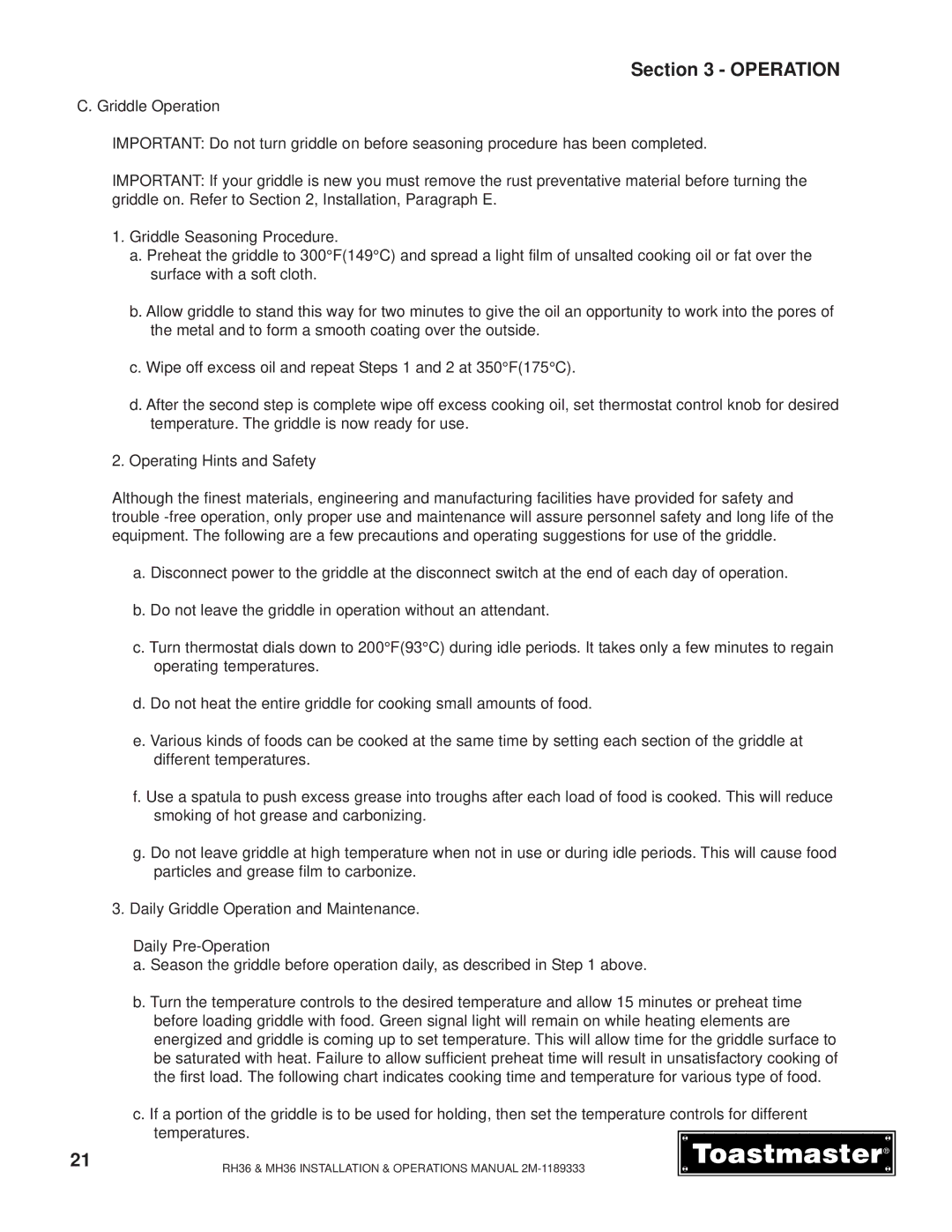 Toastmaster RH36, MH36 manual Operation 