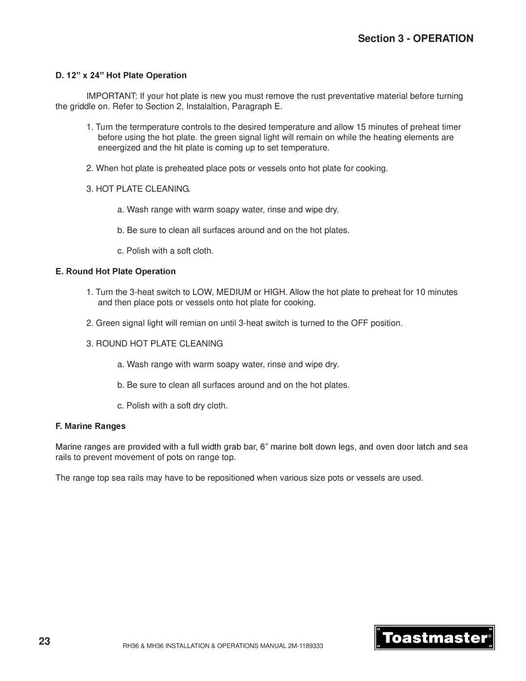 Toastmaster RH36, MH36 manual 12 x 24 Hot Plate Operation, Round Hot Plate Operation, Marine Ranges 