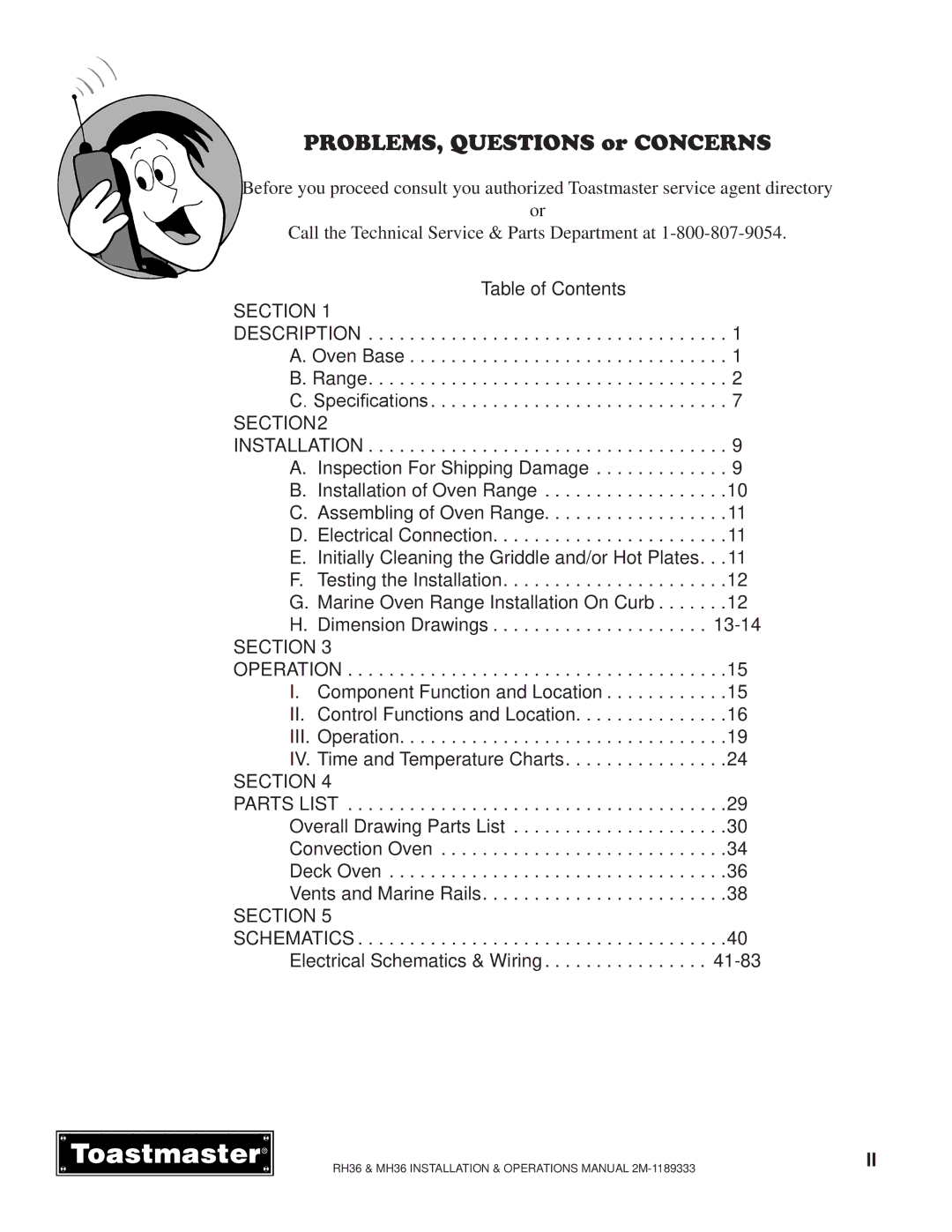 Toastmaster RH36, MH36 manual PROBLEMS, Questions or Concerns 