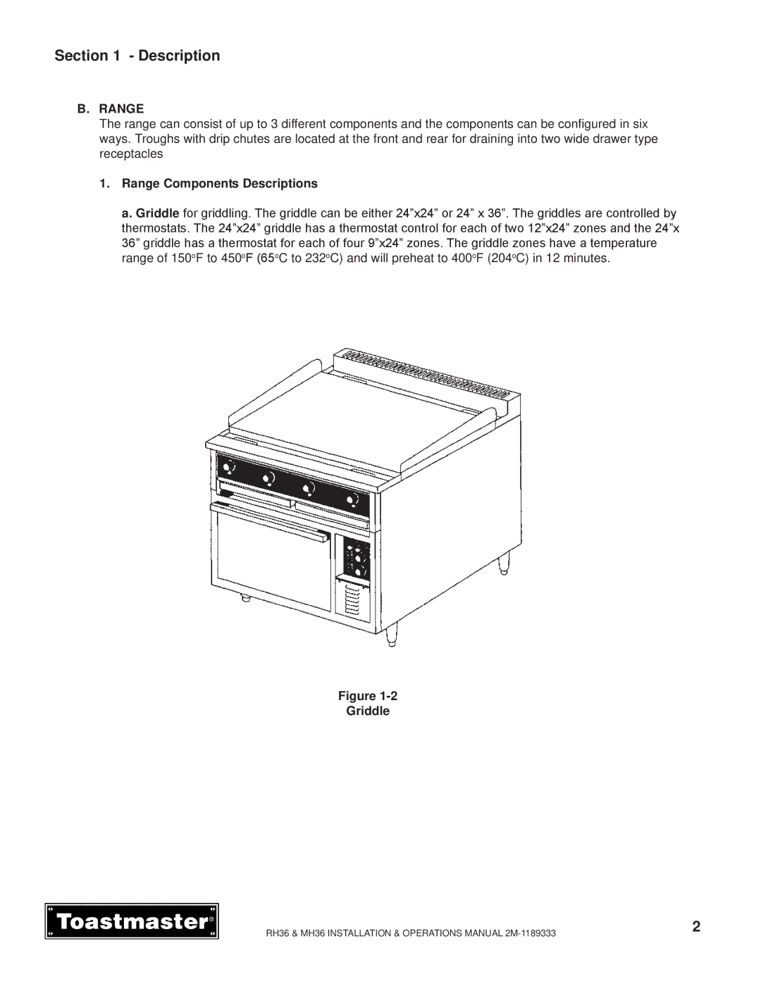 Toastmaster MH36, RH36 manual Range Components Descriptions, Griddle 