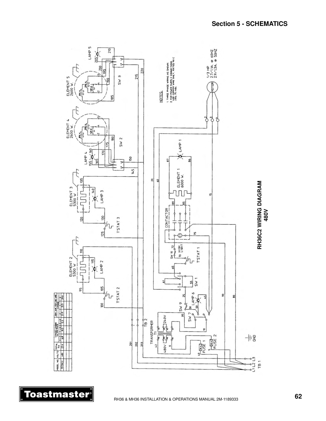 Toastmaster MH36, RH36 manual Schematics 