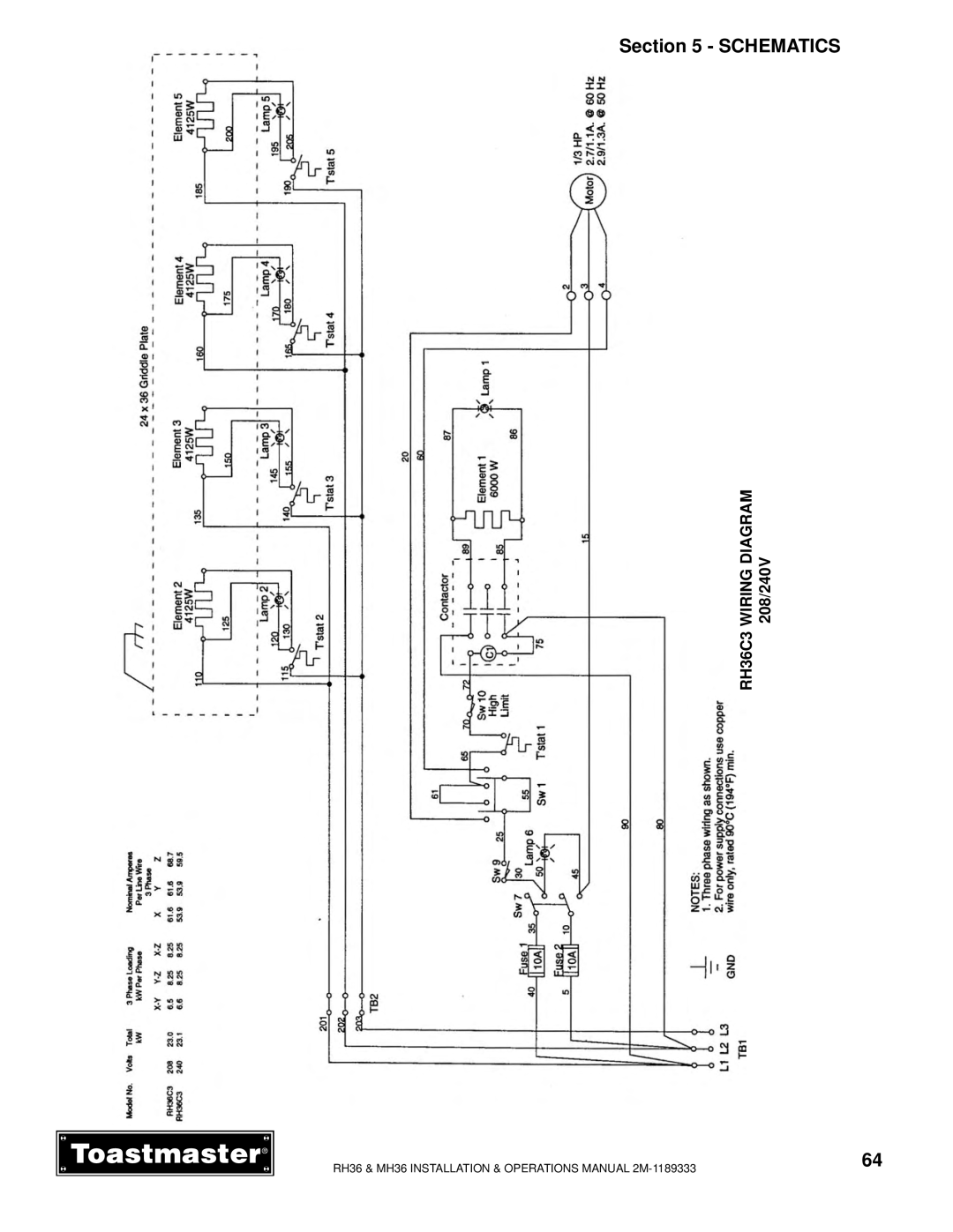 Toastmaster MH36 manual 208/240V, RH36C3 