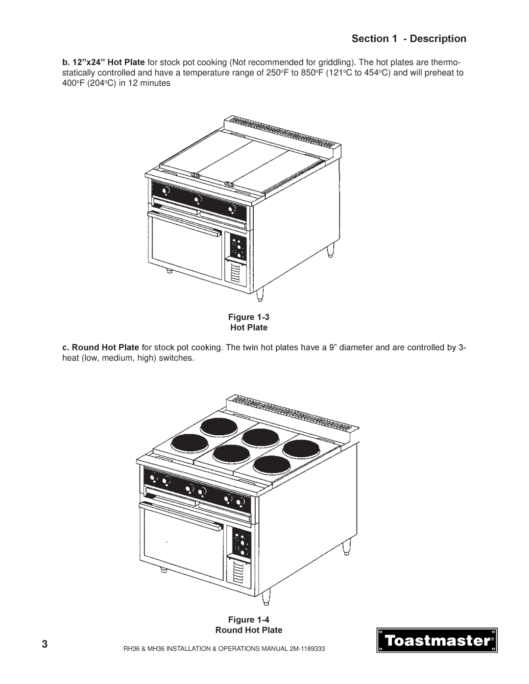 Toastmaster RH36, MH36 manual Round Hot Plate 