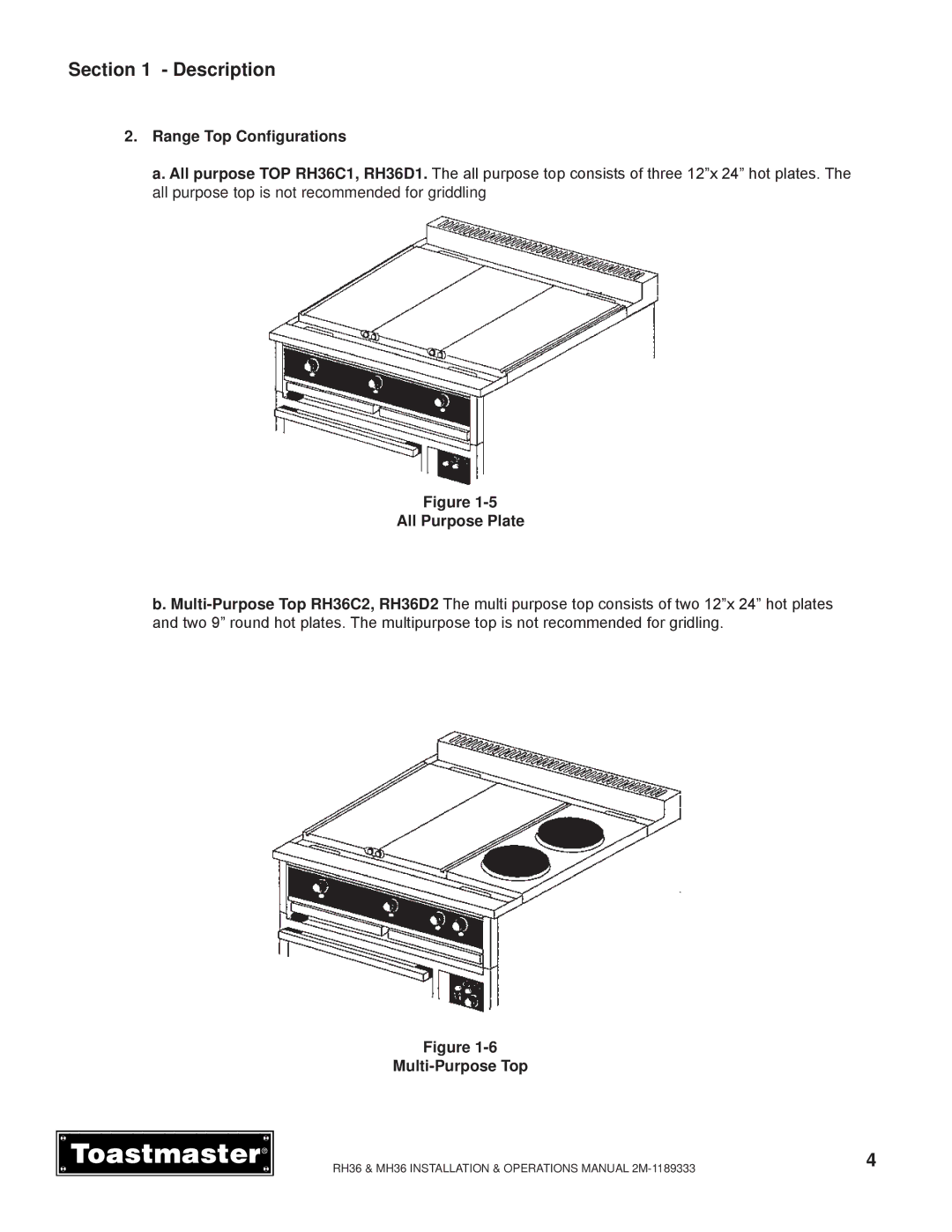 Toastmaster MH36, RH36 manual Range Top Configurations, All Purpose Plate, Multi-Purpose Top 