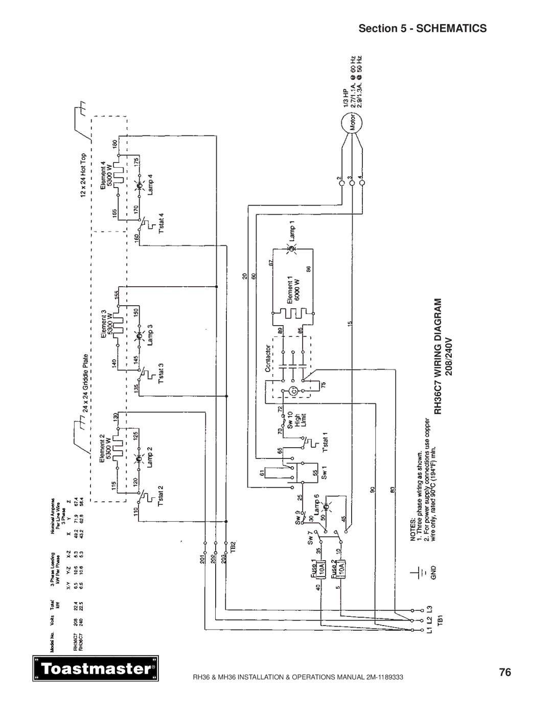 Toastmaster MH36 manual 208/240V, RH36C7 