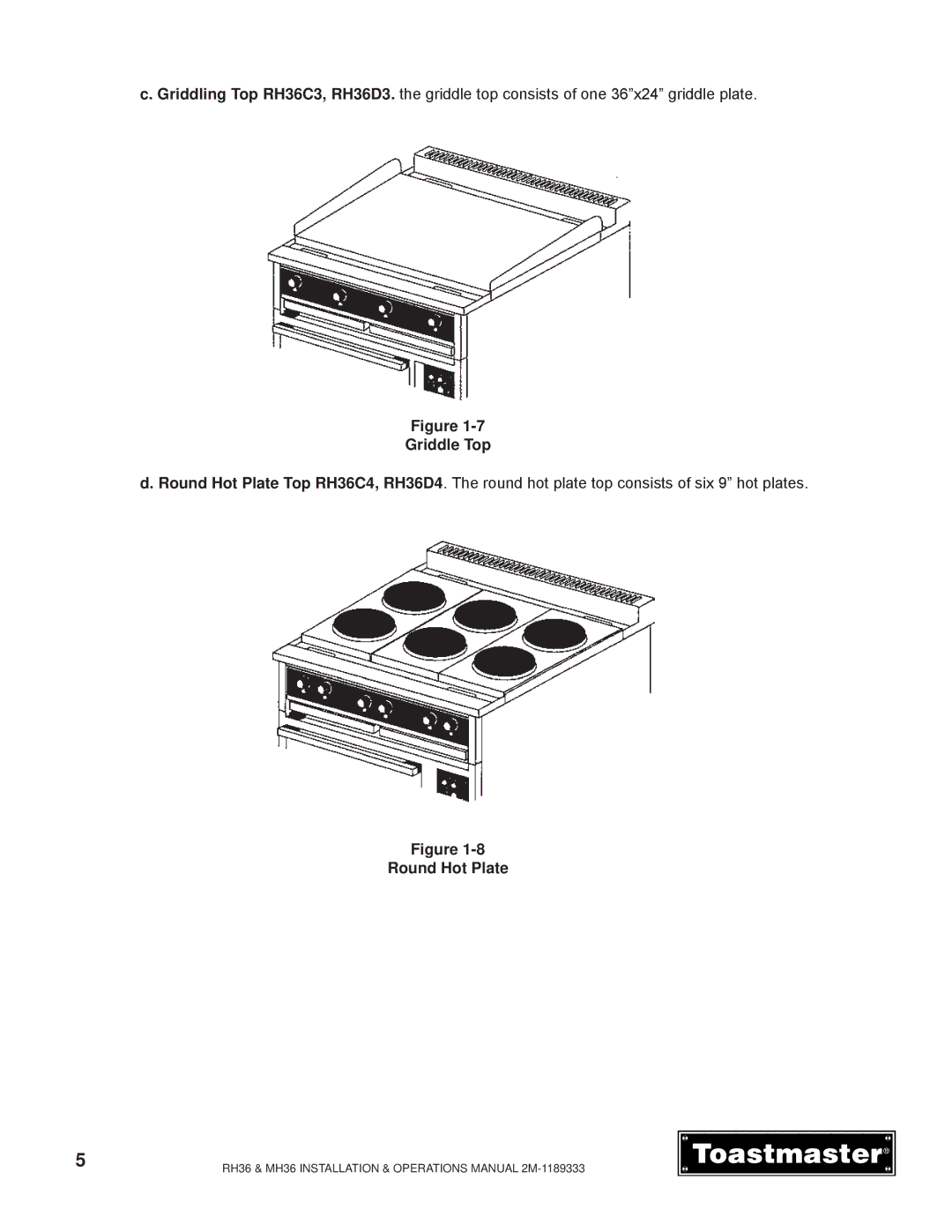 Toastmaster RH36, MH36 manual Griddle Top 