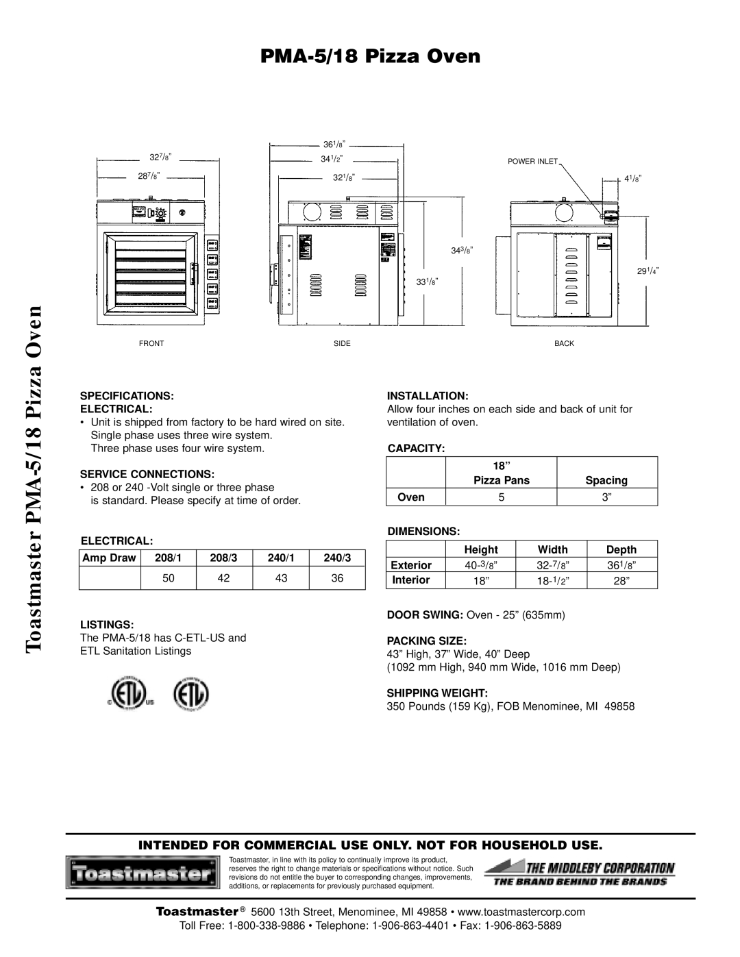 Toastmaster PMA-5, PMA-18 Specifications Electrical, Service Connections, Listings, Installation, Capacity, Dimensions 