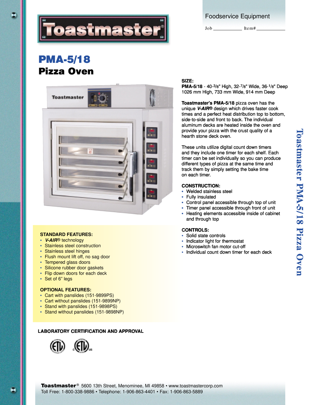 Toastmaster PMA-18 manual Toastmaster PMA-5/18Pizza Oven, Foodservice Equipment 