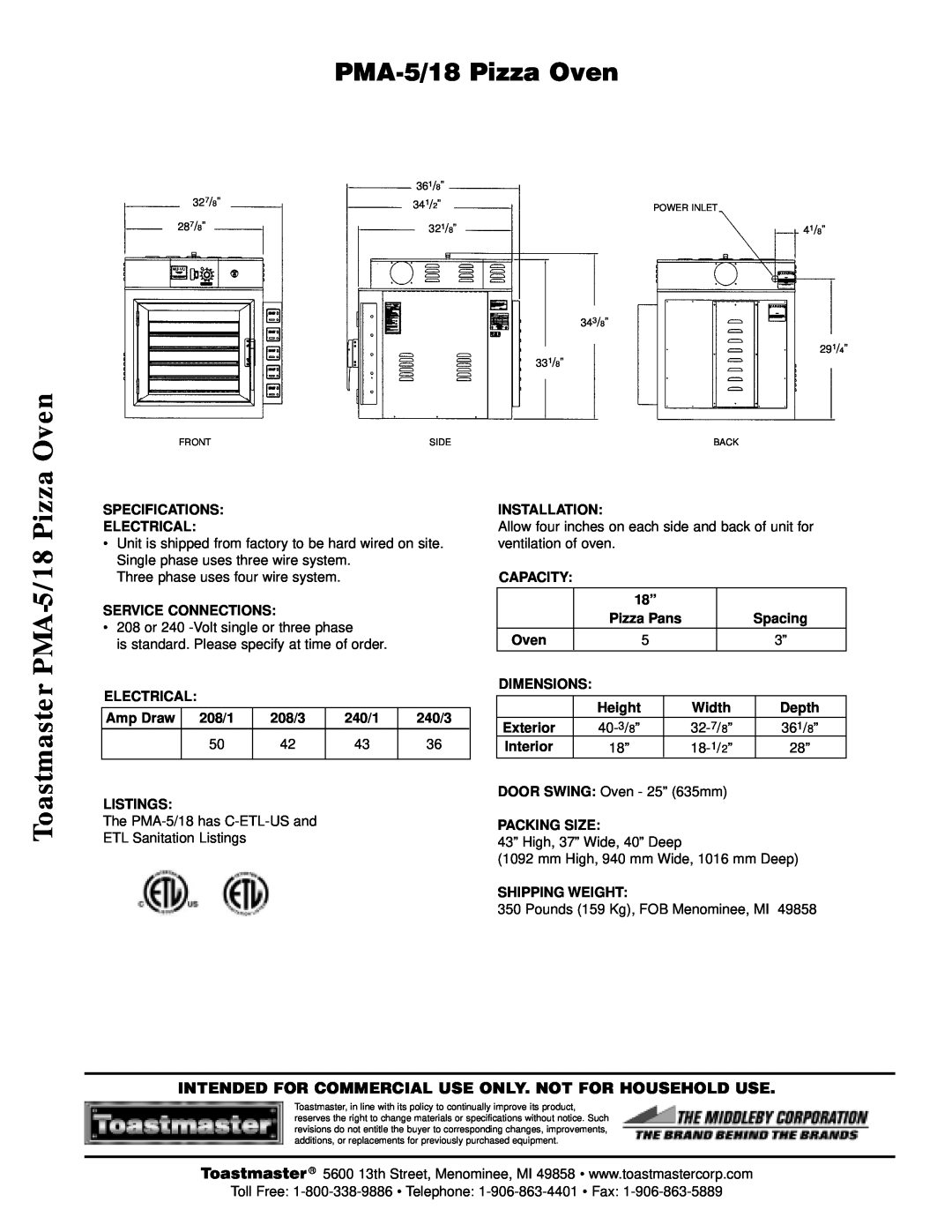 Toastmaster PMA-18 manual Toastmaster PMA-5/18Pizza, PMA-5/18Pizza Oven 