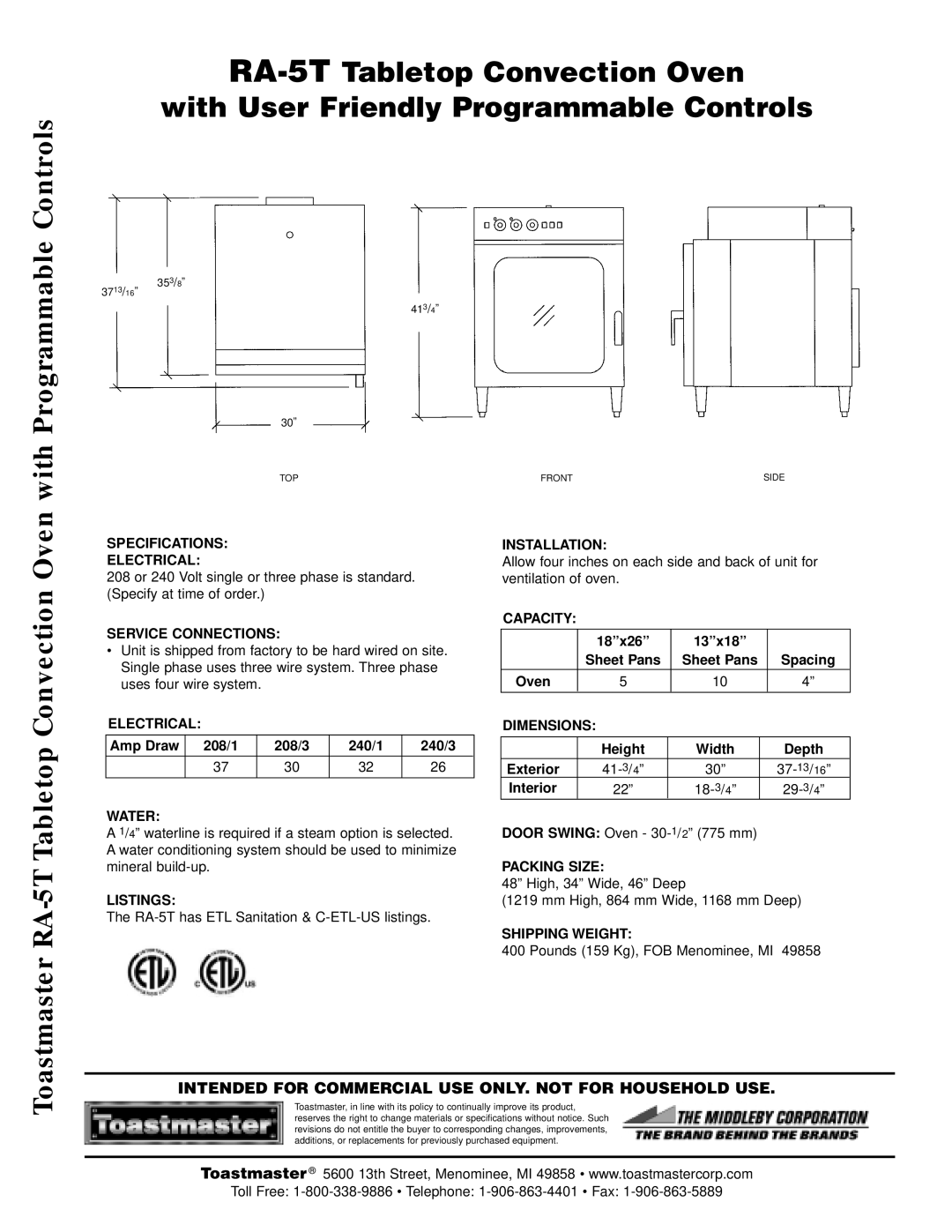 Toastmaster RA-5T Specifications Electrical, Service Connections, Water, Listings, Installation, Capacity, Dimensions 