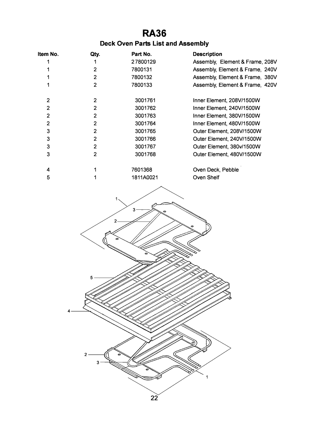 Toastmaster RA36C, RA36M, RA36D manual Deck Oven Parts List and Assembly, Description 