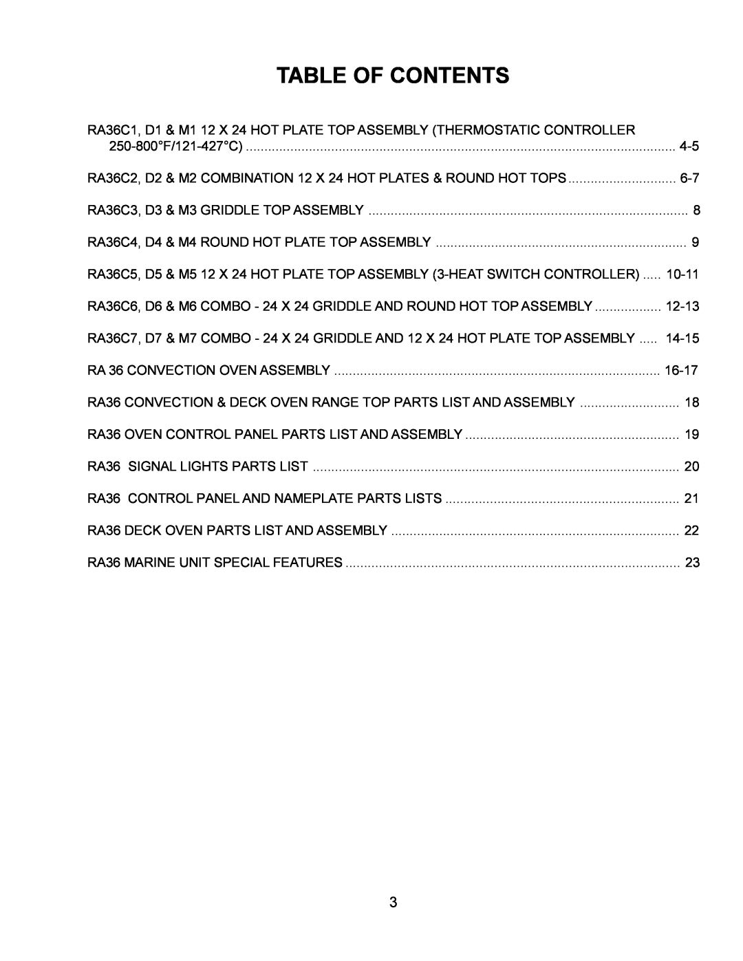 Toastmaster RA36M, RA36C, RA36D manual Table Of Contents 