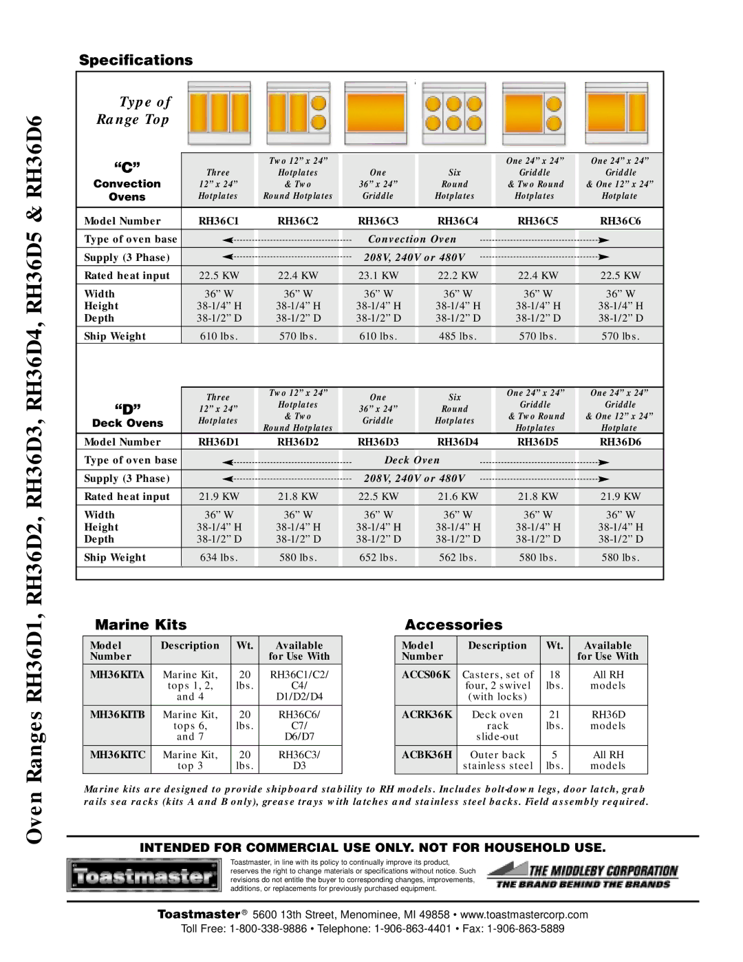 Toastmaster manual RH36D2, RH36D3, RH36D4, RH36D5 & RH36D6, Ranges RH36D1, Oven 