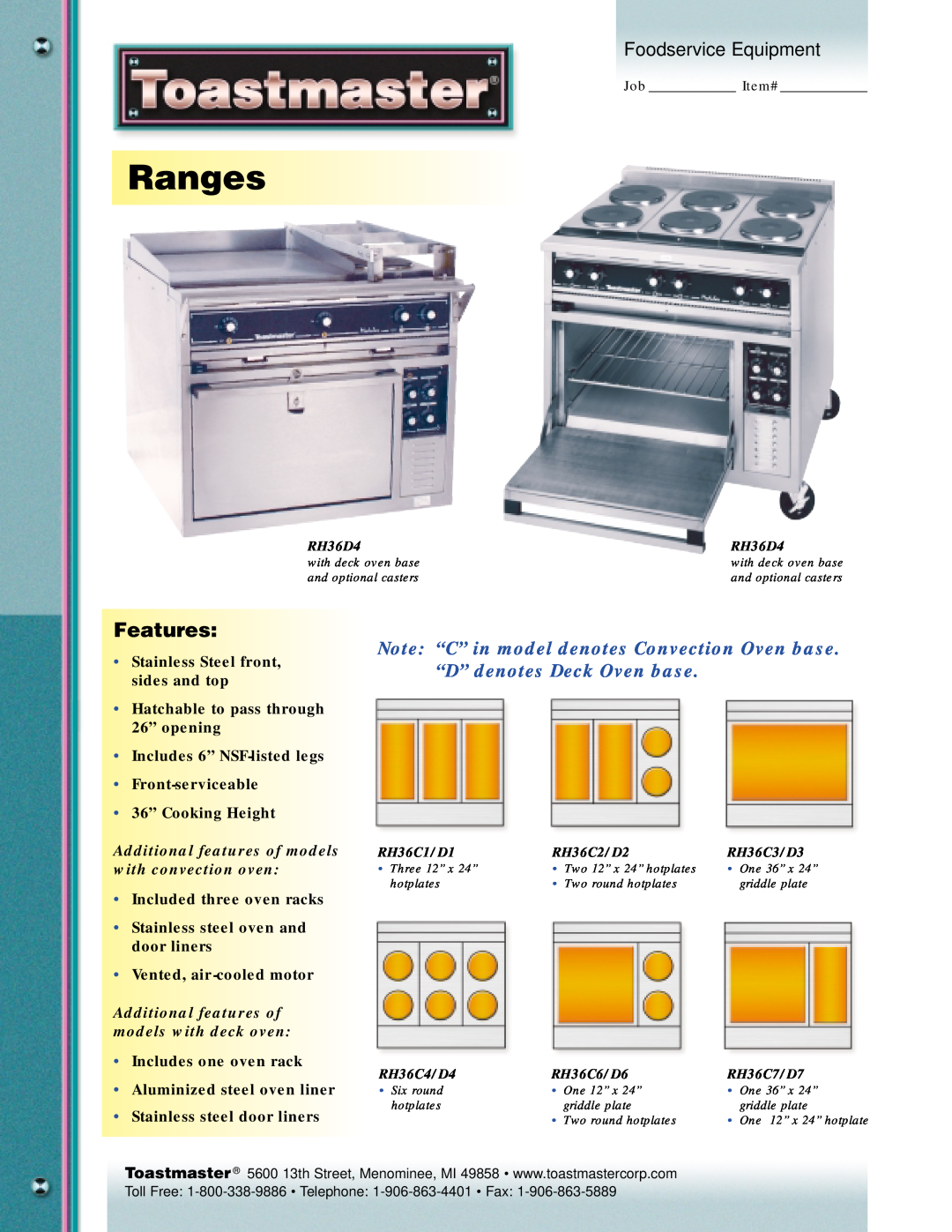 Toastmaster RH36D4 manual Ranges, Features, Foodservice Equipment, Additional features of models with convection oven 