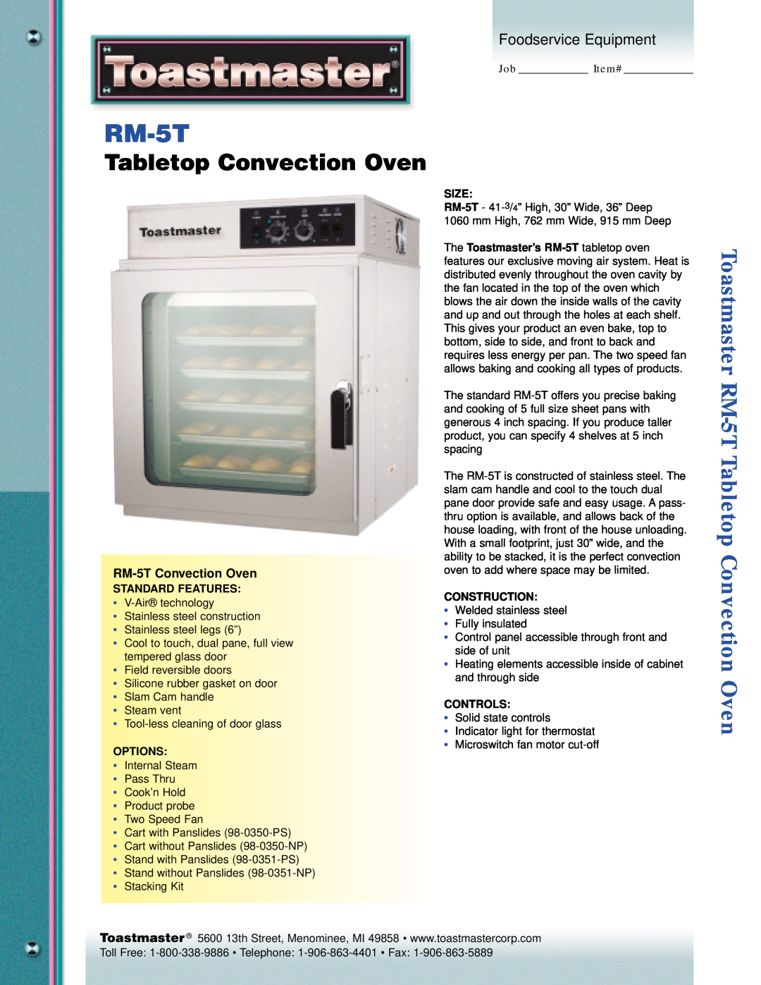 Toastmaster manual RM-5TConvection Oven, Toastmaster RM-5TTabletop Convection Oven, Foodservice Equipment 