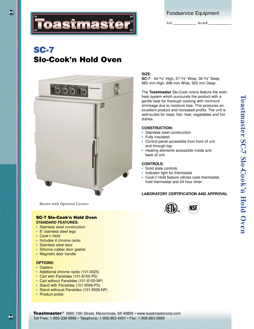 Toastmaster SC-7 manual Slo-Cook’n Hold Oven 