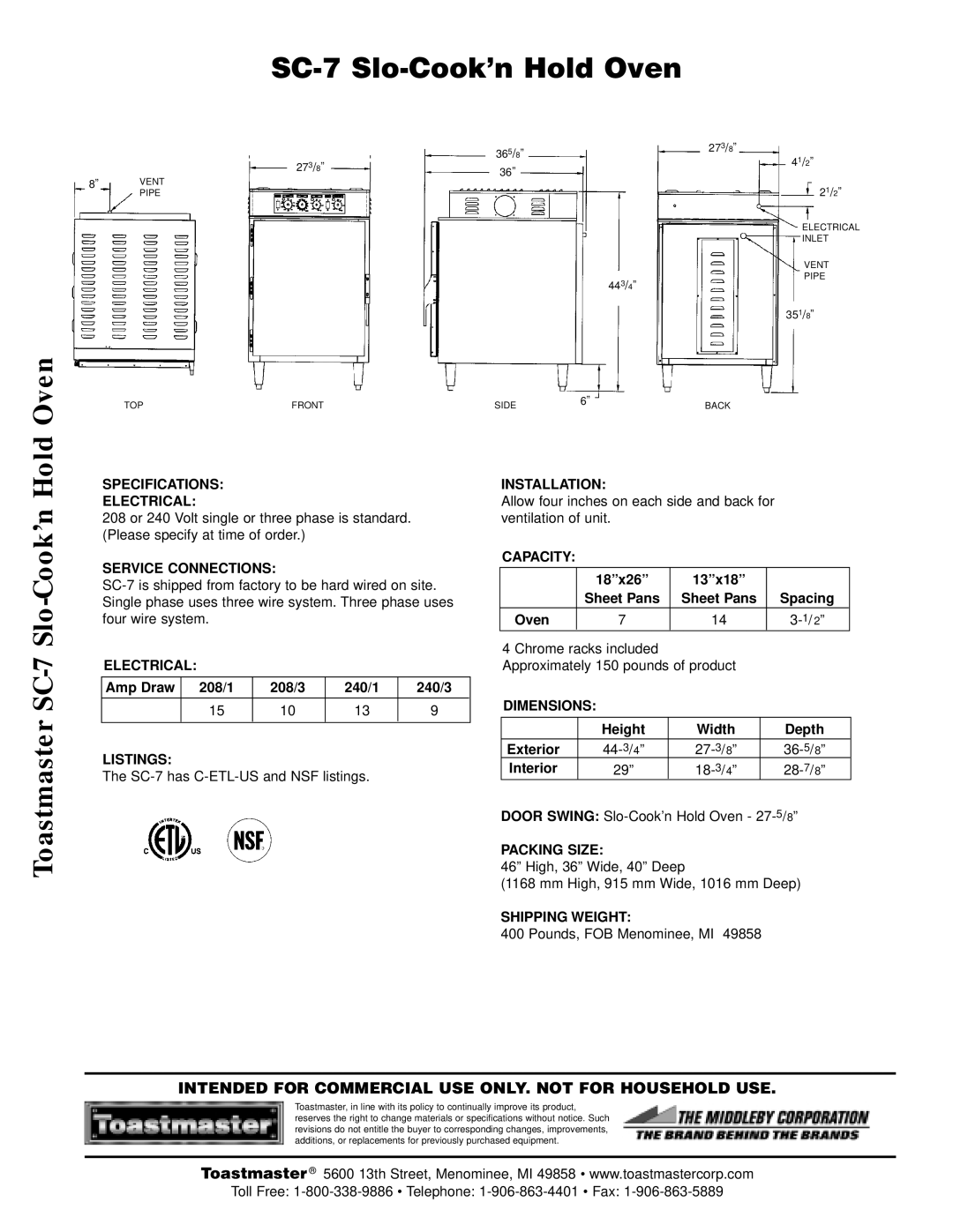 Toastmaster manual SC-7 Slo-Cook’n Hold Oven 