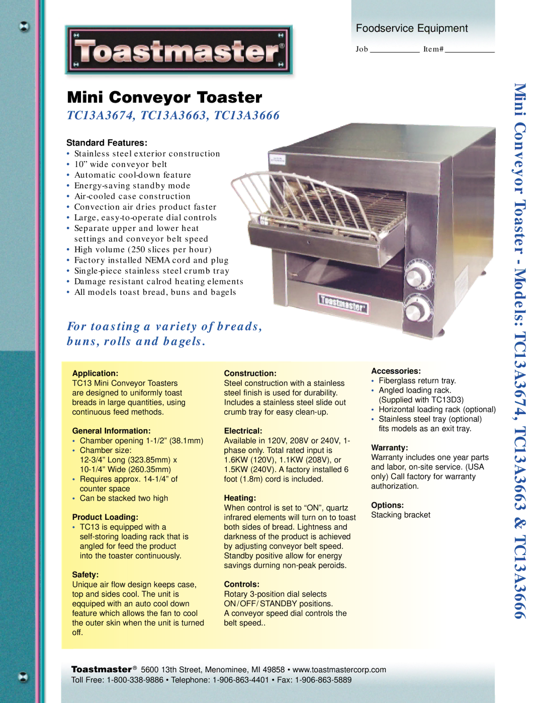 Toastmaster TC13A3663 warranty Application, General Information, Product Loading, Safety, Construction, Electrical 