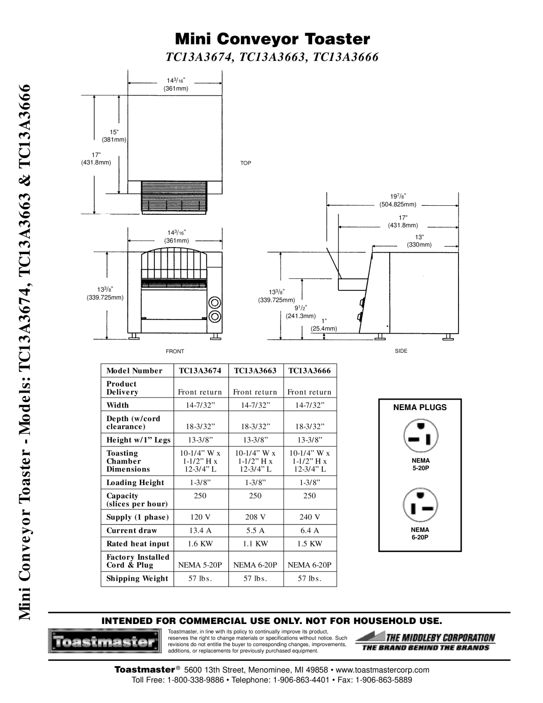 Toastmaster warranty TC13A3674, TC13A3663, TC13A3666 