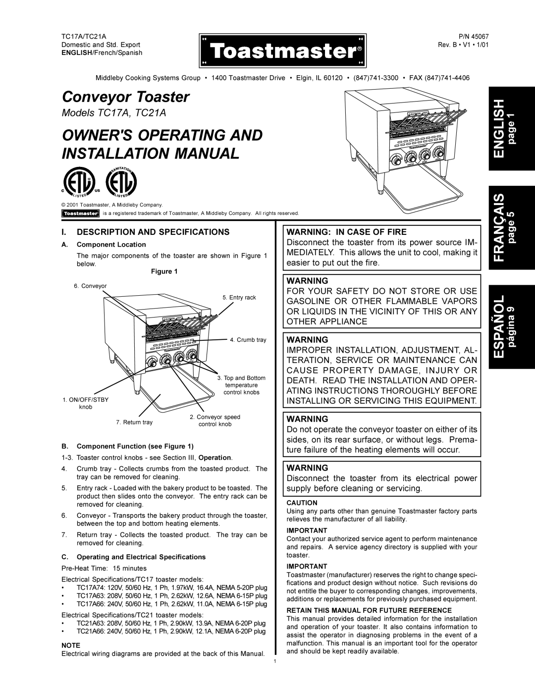 Toastmaster TC21A installation manual Description and Specifications, Component Location, Component Function see Figure 