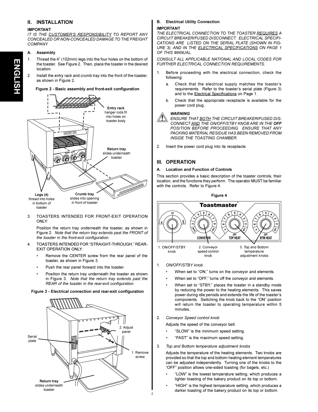 Toastmaster TC17A, TC21A installation manual II. Installation, III. Operation, Assembly, Electrical Utility Connection 