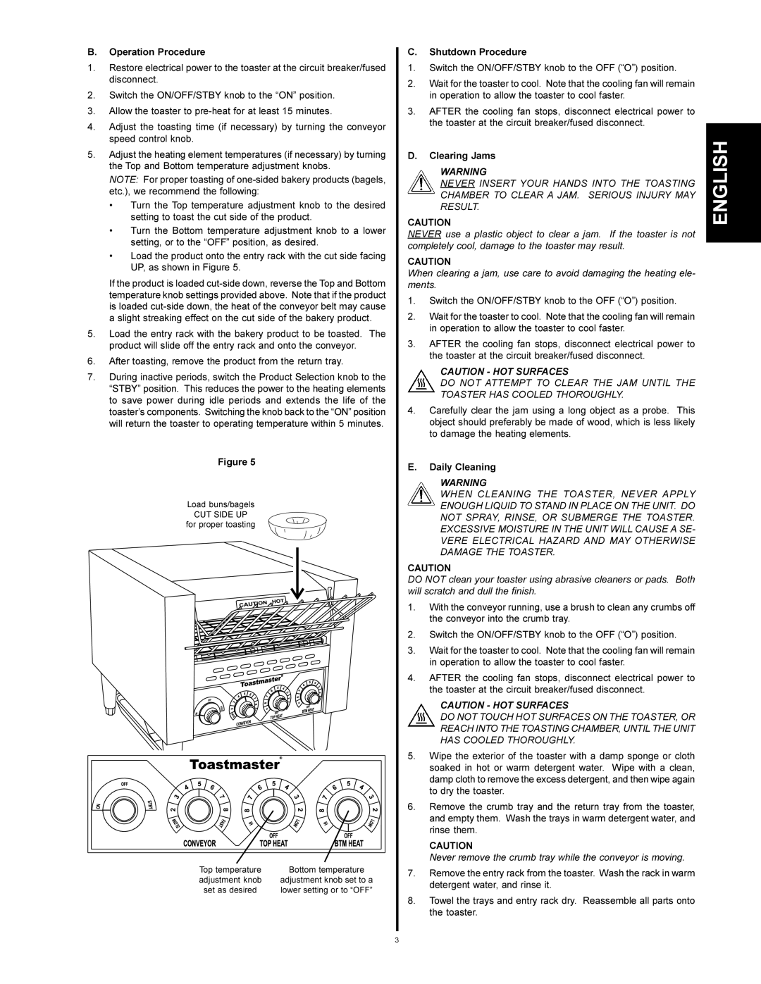 Toastmaster TC21A, TC17A installation manual Operation Procedure, Shutdown Procedure, Clearing Jams, Daily Cleaning 