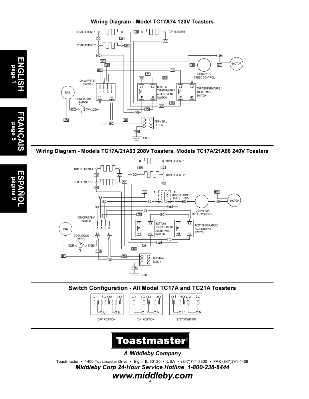 Toastmaster TC17A, TC21A installation manual Middleby Corp 24-Hour Service Hotline 