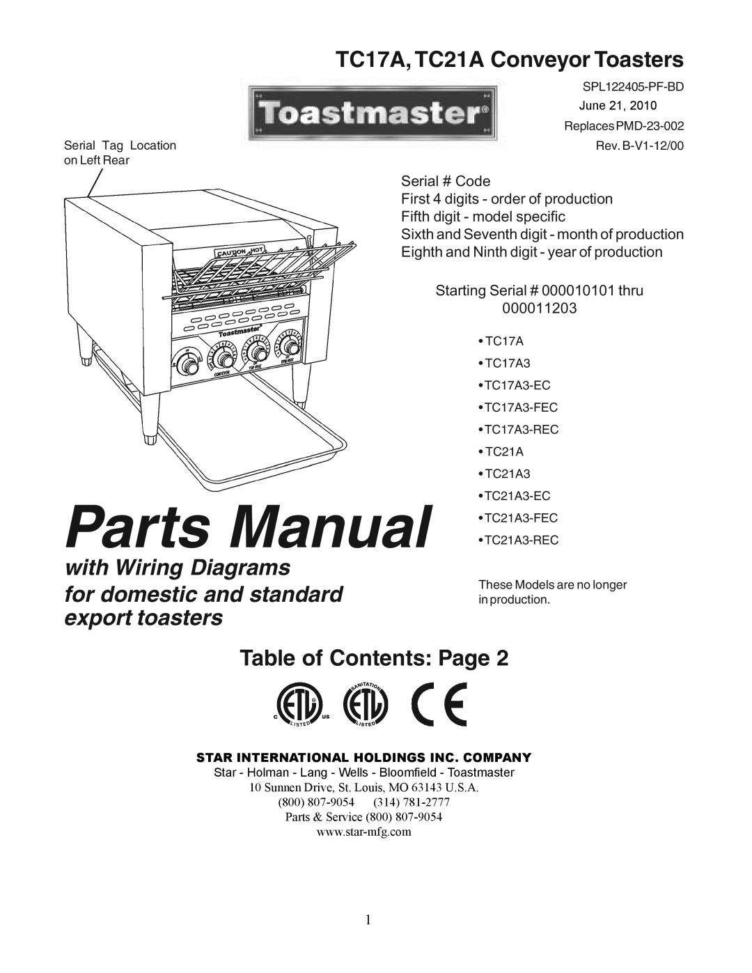 Toastmaster TC21A, TC17A manual Parts Manual 