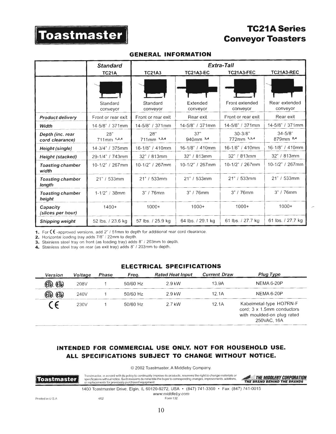 Toastmaster TC17A, TC21A manual 