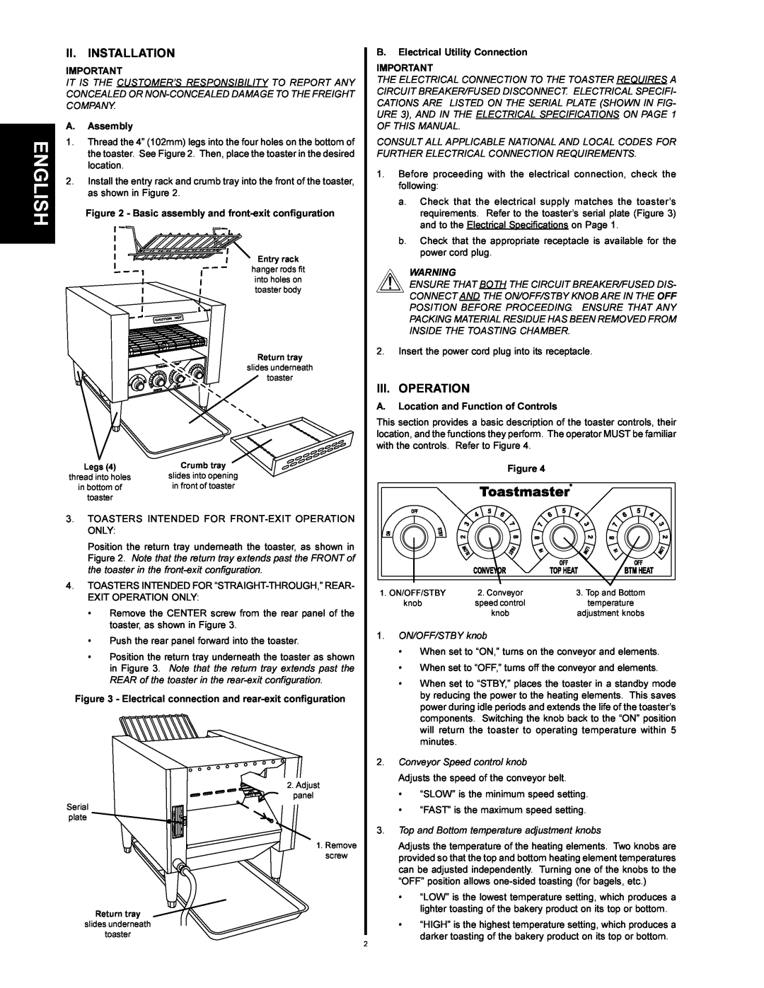 Toastmaster TC17A, TC21A installation manual Ii. Installation, Iii. Operation, A.Assembly, B.Electrical Utility Connection 