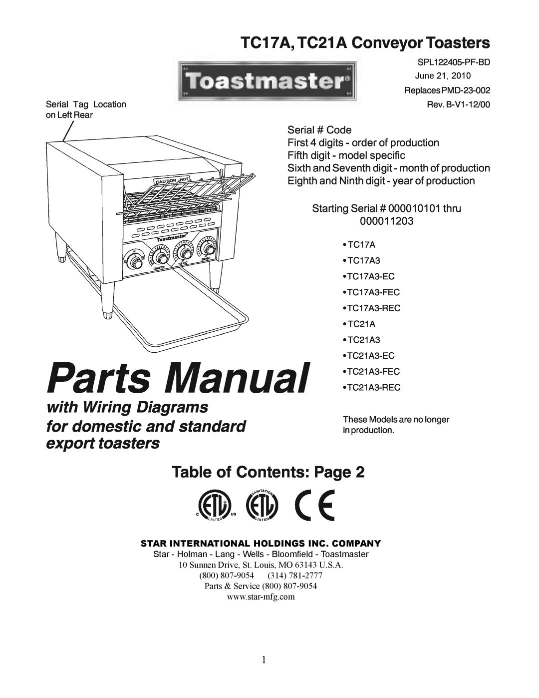 Toastmaster manual Table of Contents Page, Parts Manual, with Wiring Diagrams, TC17A, TC21A Conveyor Toasters 
