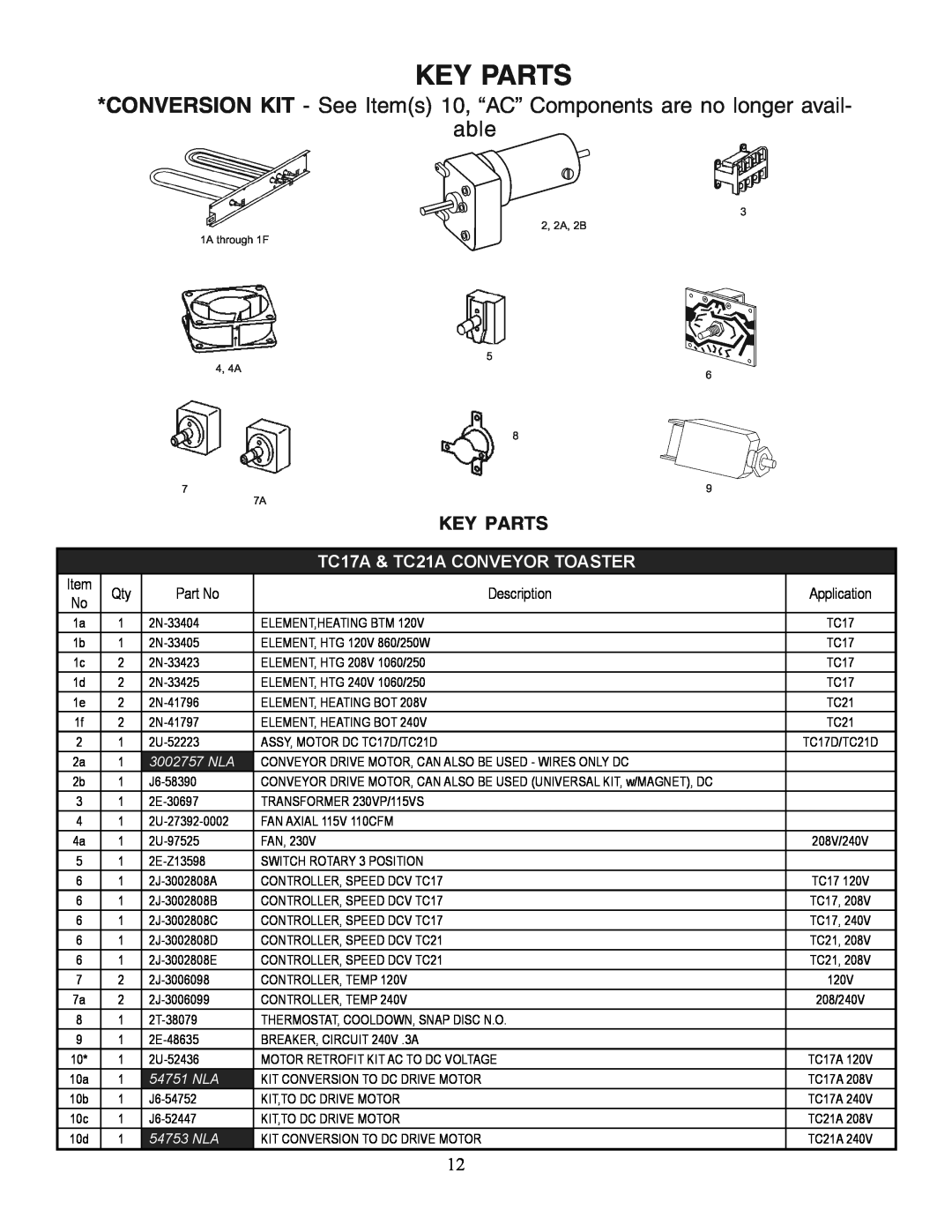 Toastmaster manual Key Parts, able, TC17A & TC21A CONVEYOR TOASTER, 3002757 NLA, 54751 NLA, 54753 NLA 