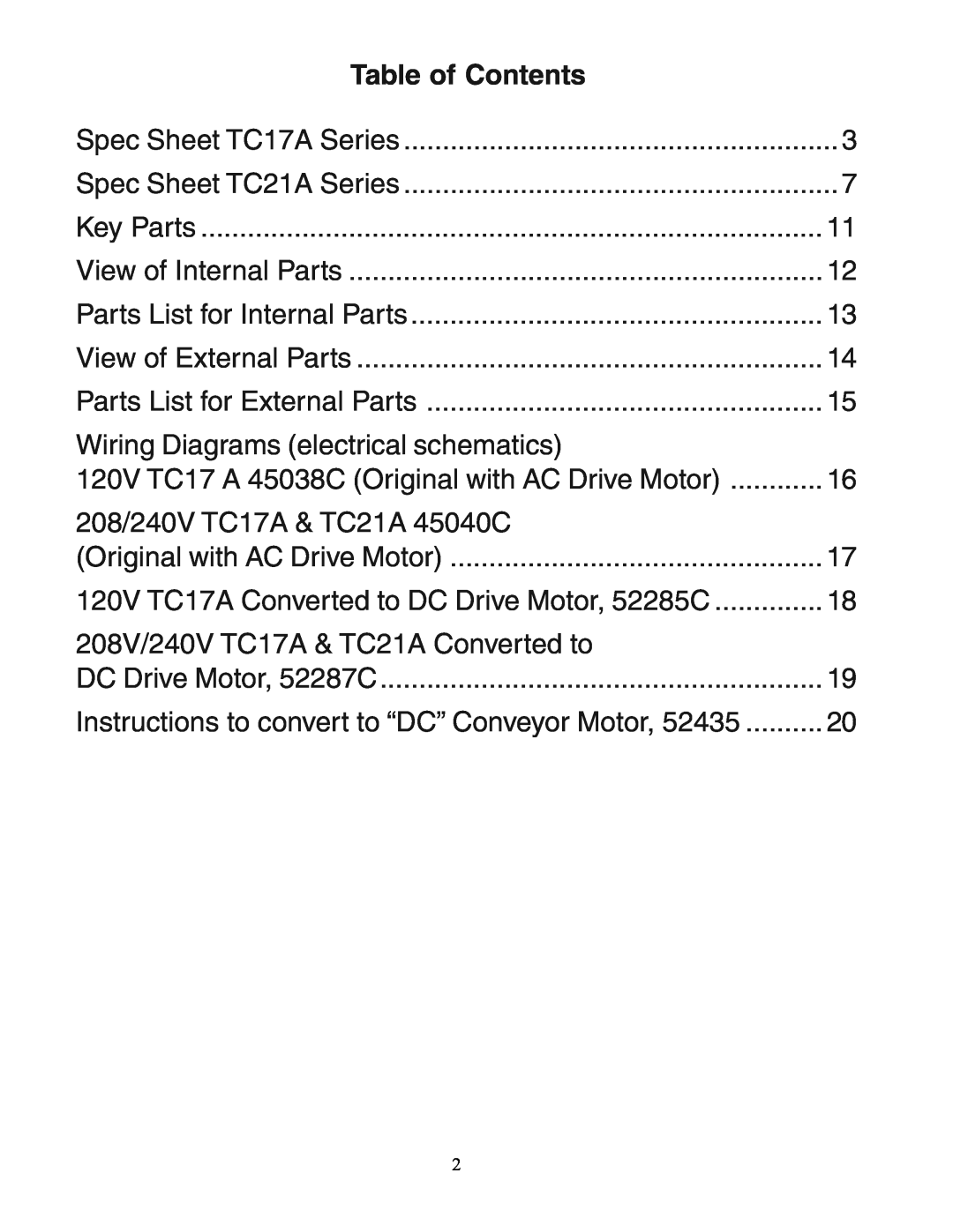 Toastmaster TC17A, TC21A manual Table of Contents 