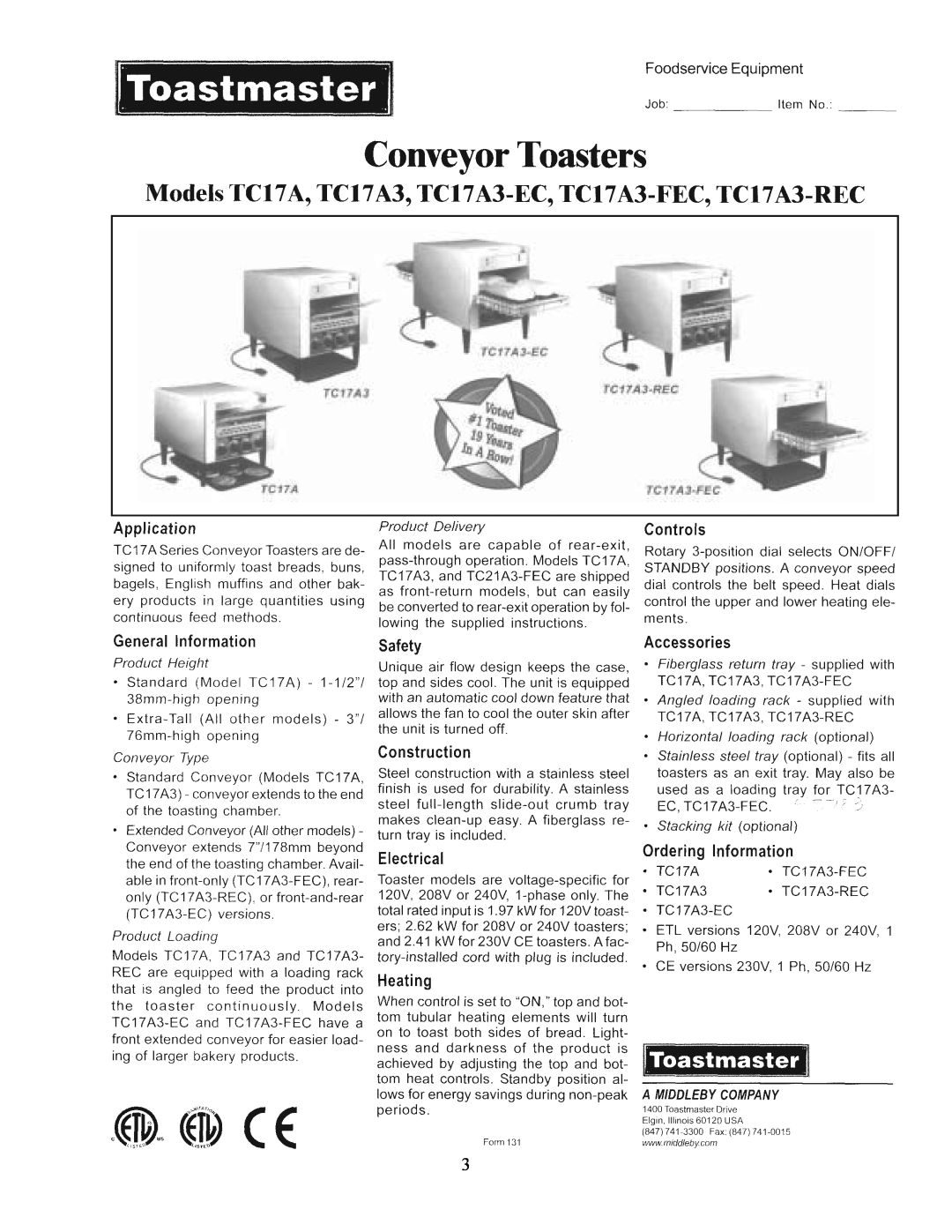 Toastmaster TC21A, TC17A manual 