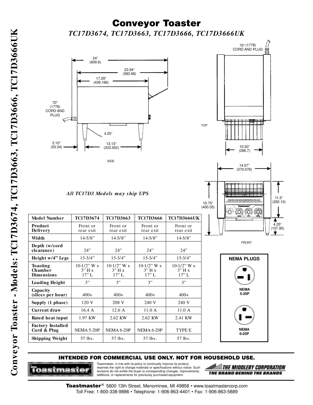 Toastmaster warranty TC17D3674, TC17D3663, TC17D3666, TC17D3666UK 