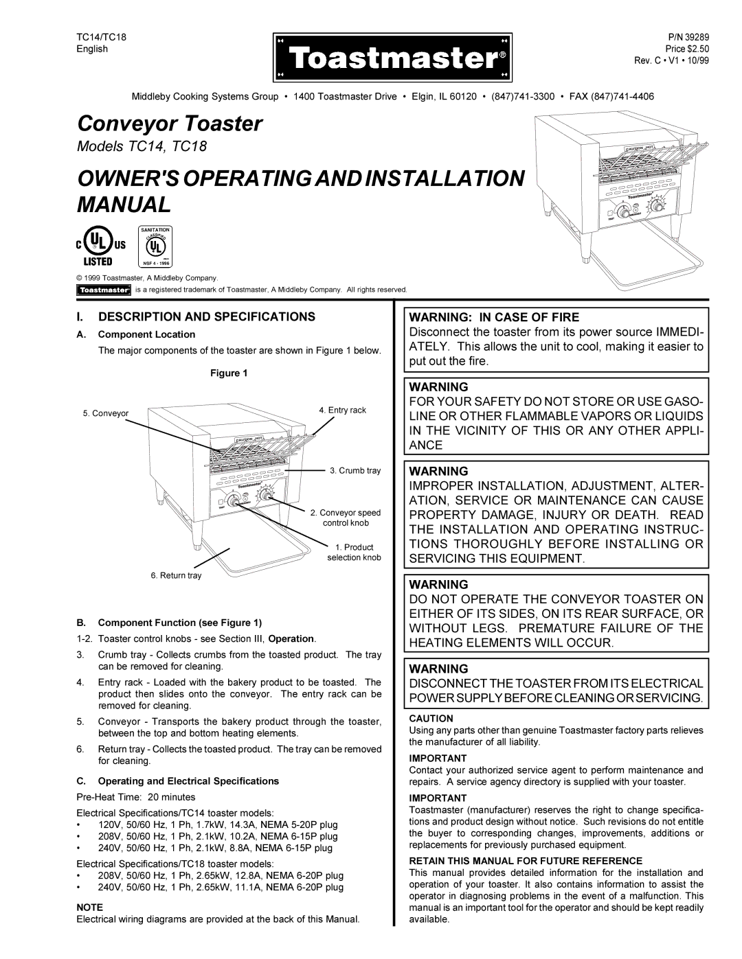 Toastmaster TC14 installation manual Description and Specifications, Component Location, Component Function see Figure 