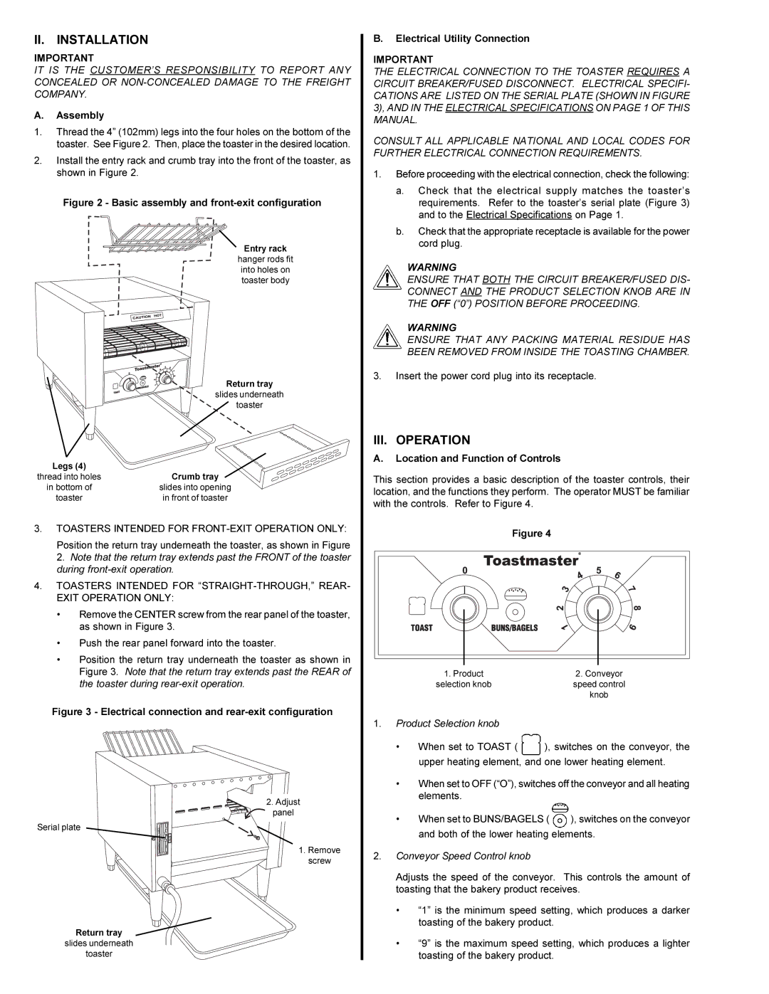 Toastmaster TC18, TC14 installation manual II. Installation, III. Operation, Assembly, Electrical Utility Connection 