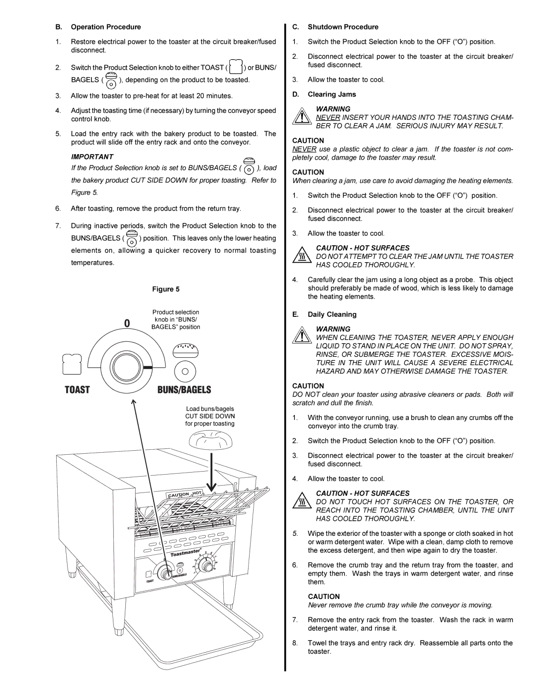 Toastmaster TC14, TC18 installation manual Operation Procedure, Shutdown Procedure, Clearing Jams, Daily Cleaning 