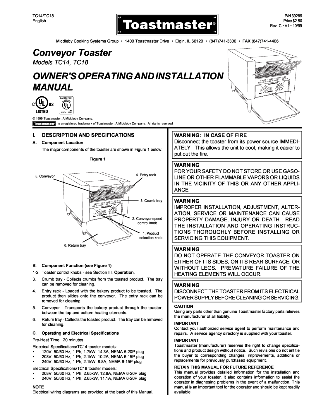 Toastmaster TC14 installation manual Conveyor Toaster, Owners Operating And Installation Manual, Warning In Case Of Fire 