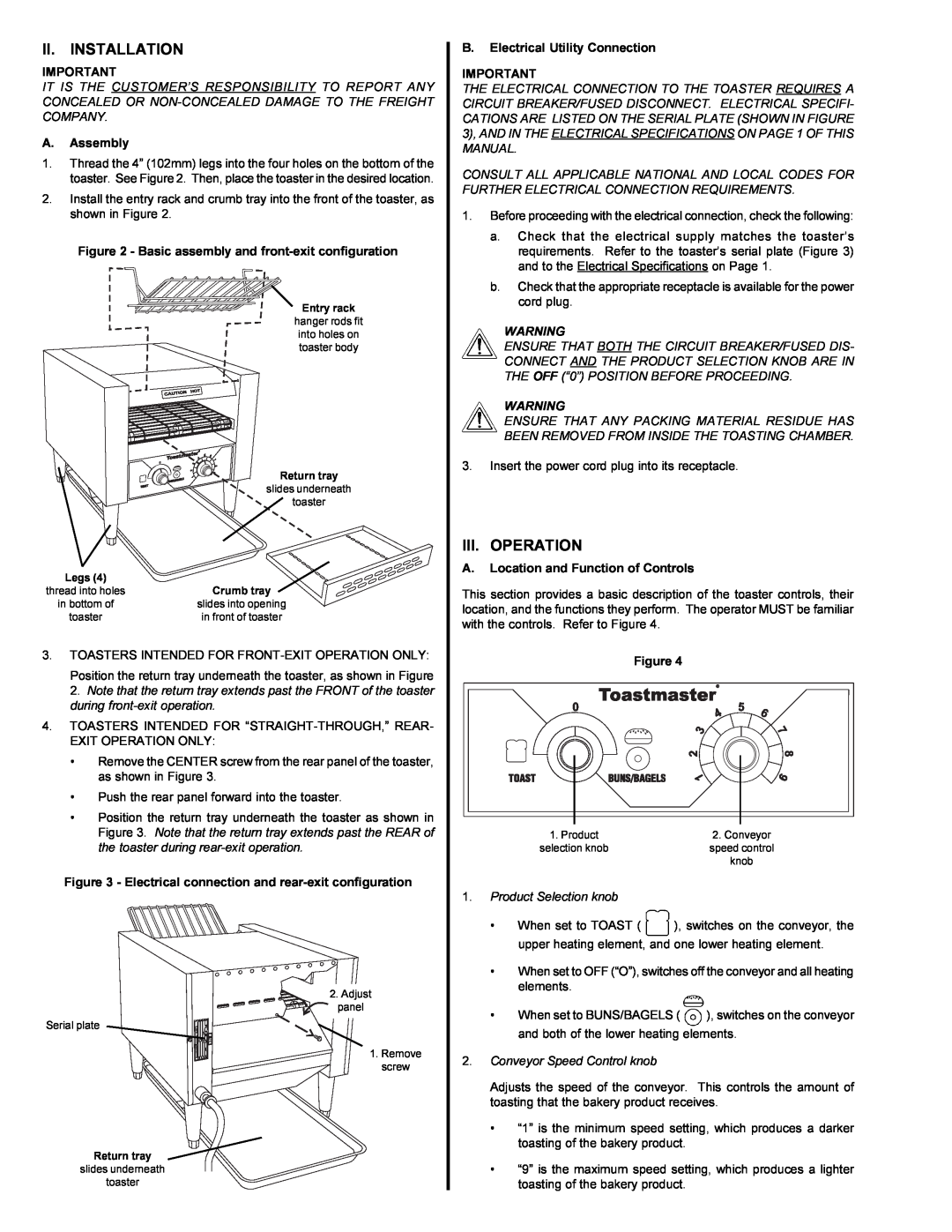 Toastmaster TC18, TC14 installation manual Ii. Installation, Iii. Operation, A.Assembly, B.Electrical Utility Connection 