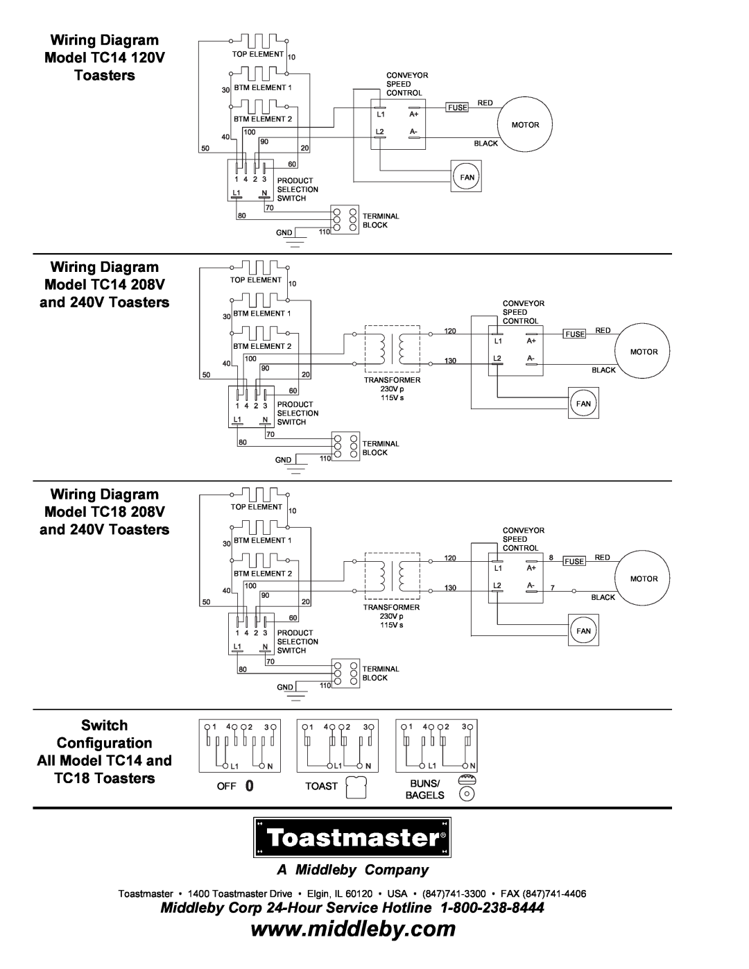 Toastmaster Wiring Diagram Model TC14 Toasters, Wiring Diagram Model TC14 and 240V Toasters, TC18 Toasters 