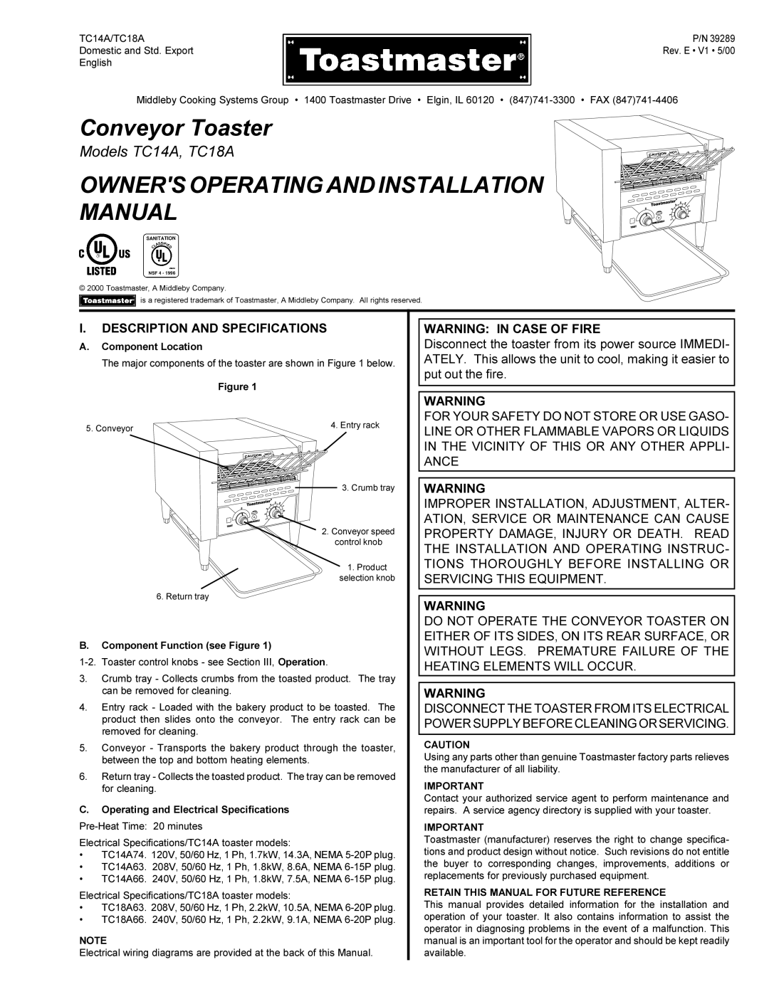 Toastmaster installation manual Description and Specifications, TC14A/TC18A, Component Location 