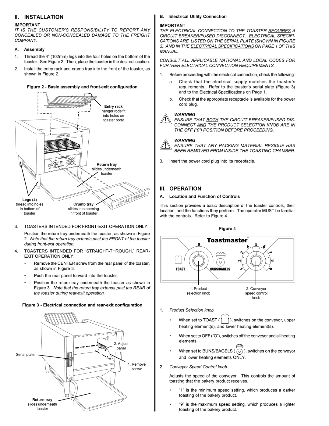 Toastmaster TC18A, TC14A installation manual II. Installation, III. Operation, Assembly, Electrical Utility Connection 