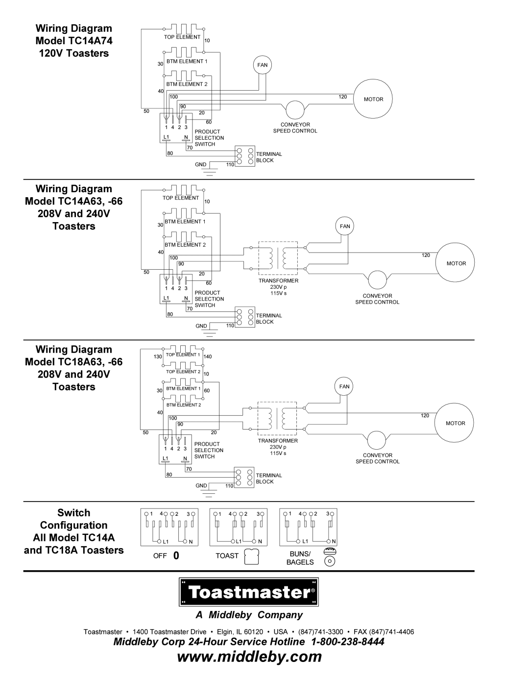 Toastmaster TC18A installation manual Wiring Diagram Model TC14A74 120V Toasters, OFF Toast Buns Bagels 