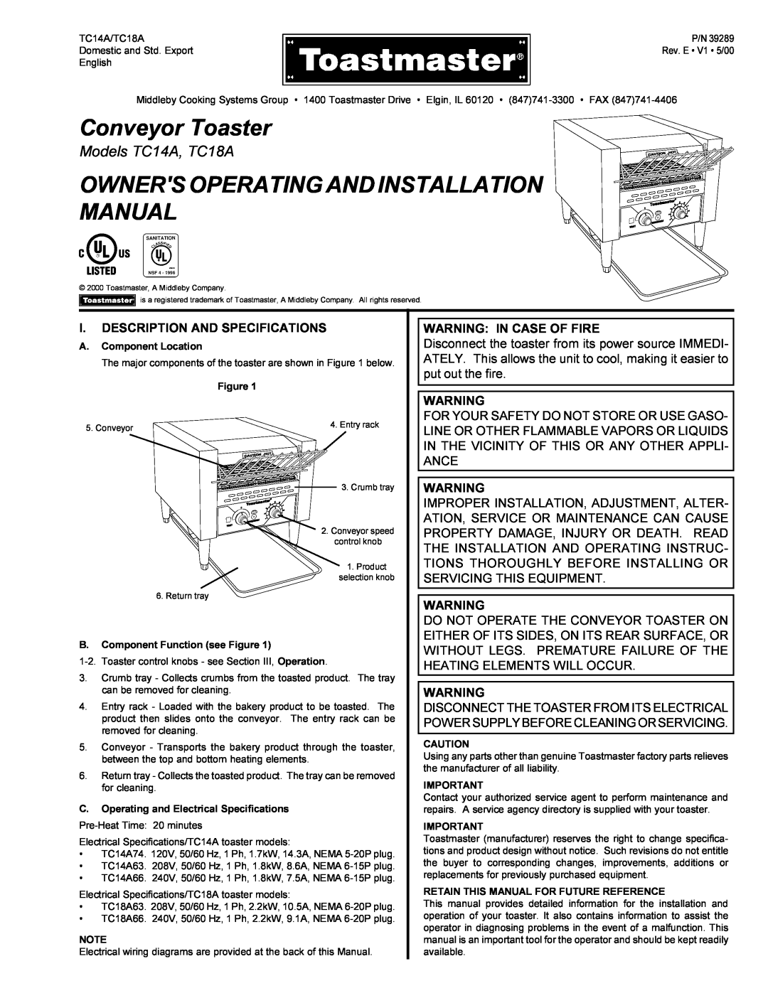 Toastmaster TC14A, TC18A installation manual I. Description And Specifications, Warning In Case Of Fire, Conveyor Toaster 
