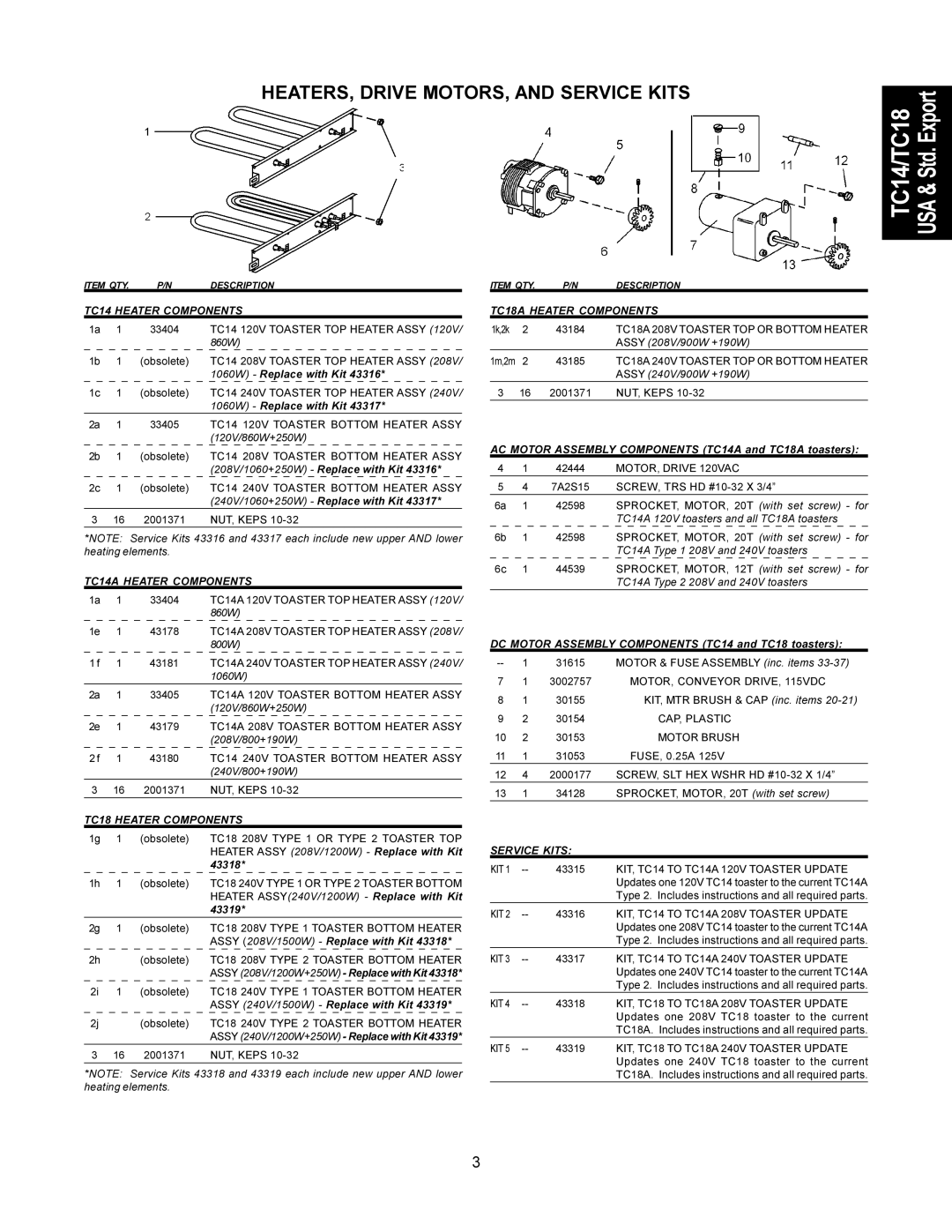 Toastmaster TC1466, TC18A63, TC1474, TC1463, TC14A63, TC1866 HEATERS, Drive MOTORS, and Service Kits, TC14 Heater Components 