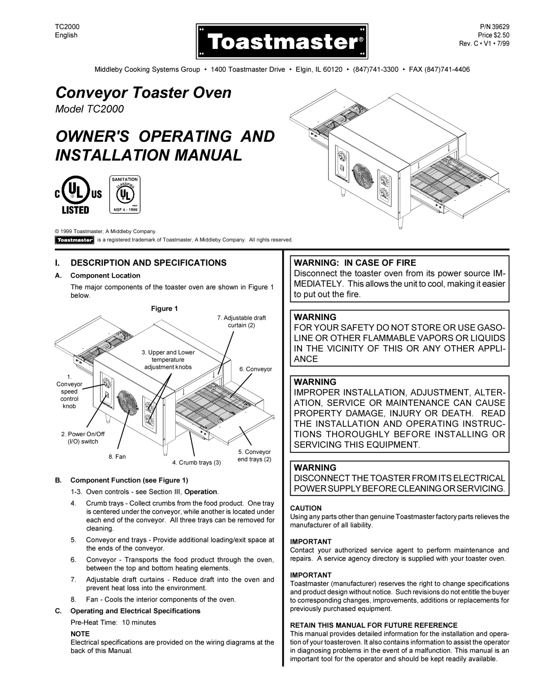 Toastmaster TC2000 installation manual Description and Specifications, Component Location, Component Function see Figure 