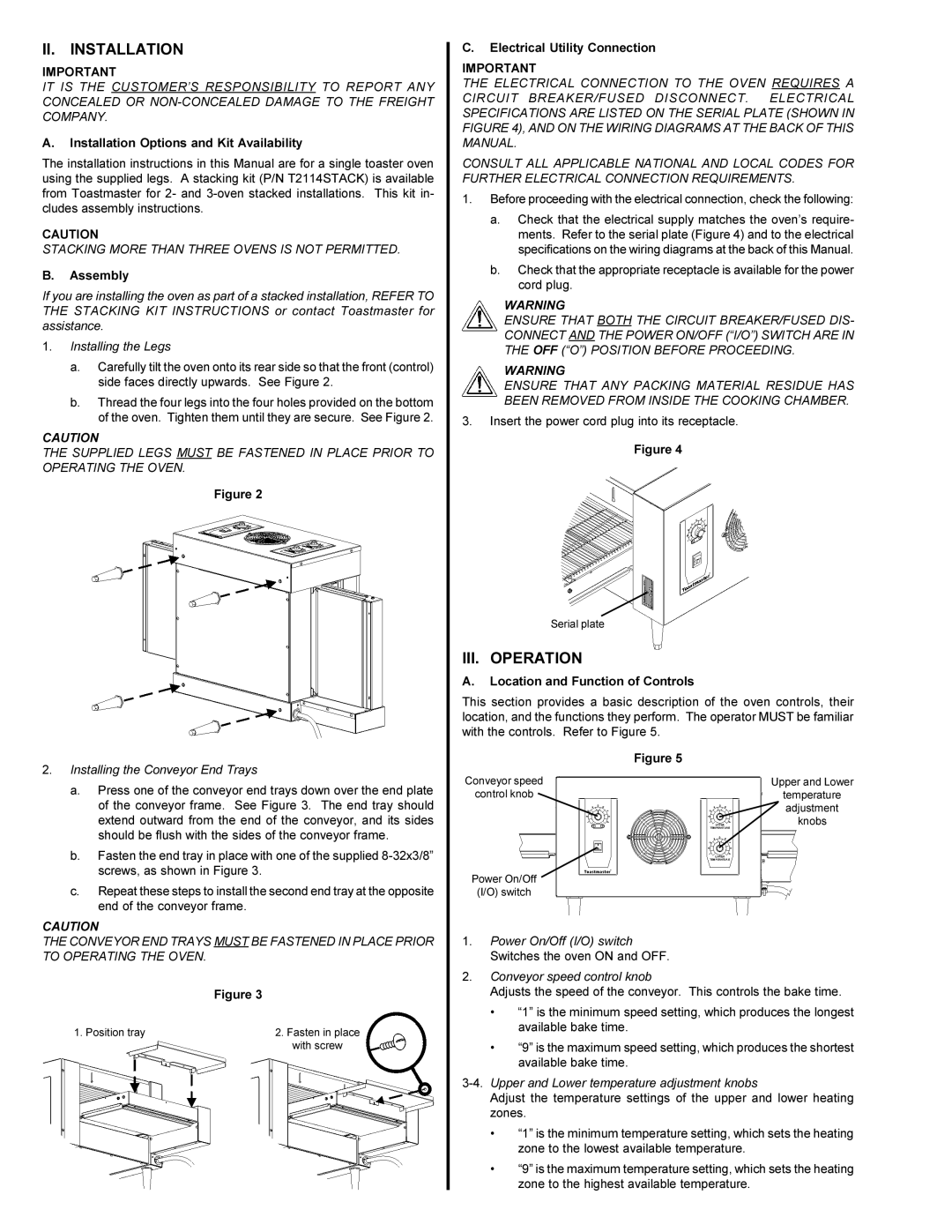 Toastmaster TC2000 installation manual II. Installation, III. Operation 